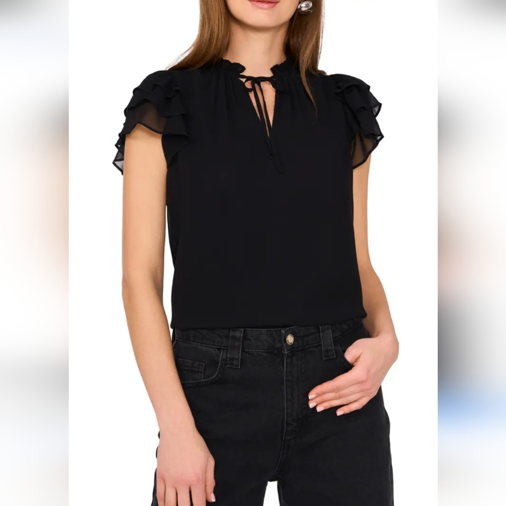1. State Black Ruffle Sleeve Blouse Women's M Tie Neck Minimalist